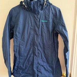 Marmot Navy Blue Rain Jacket with Teal Logo
